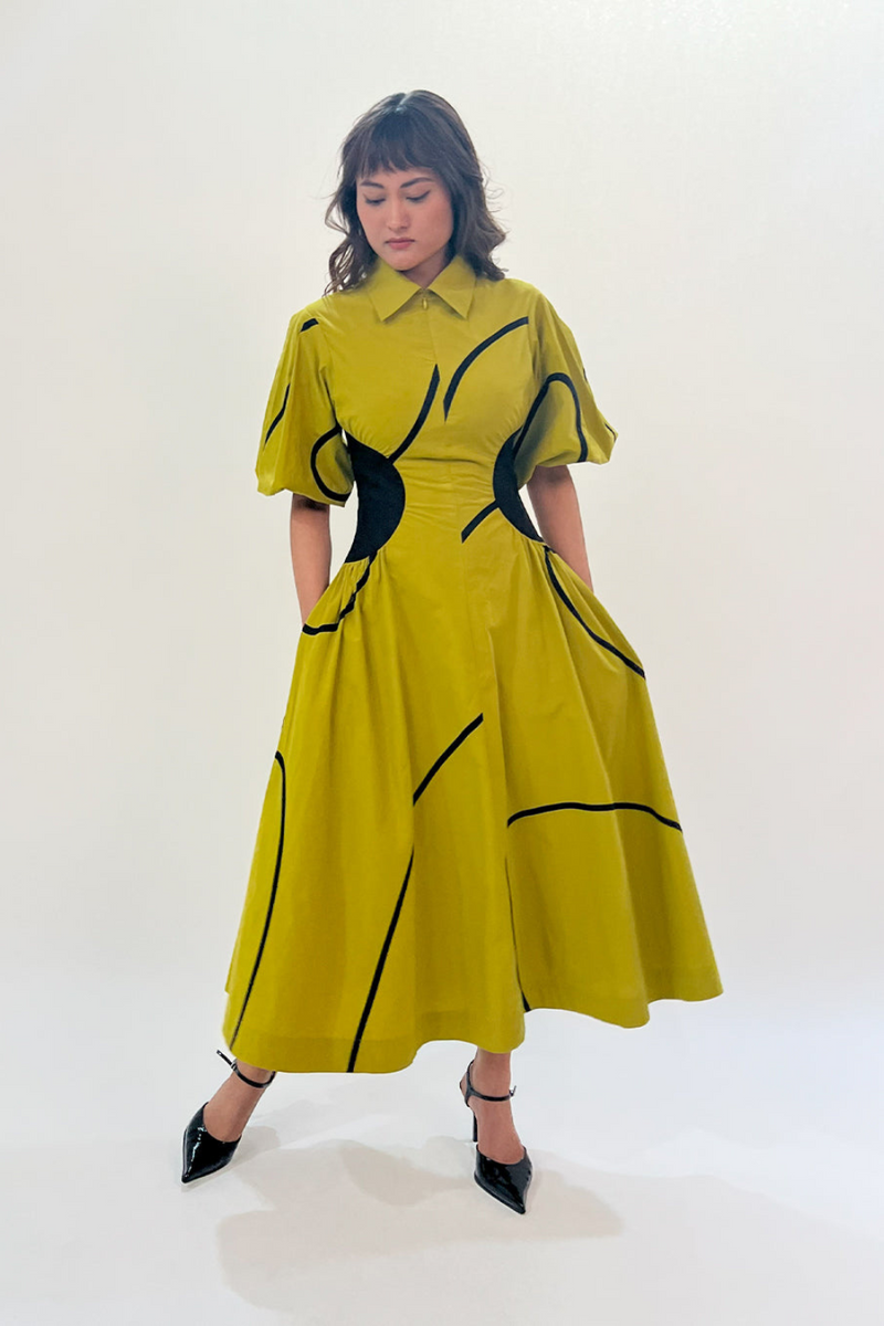 Illusion Tape dress 100% cotton by Leh Studios in green color for women Worldwide