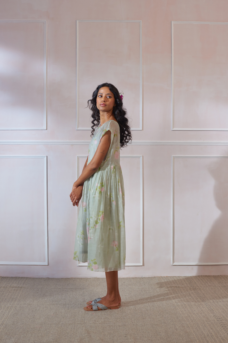 Hibiscus Tap Midi Dress silk by Nadiya Paar in green color for women Worldwide