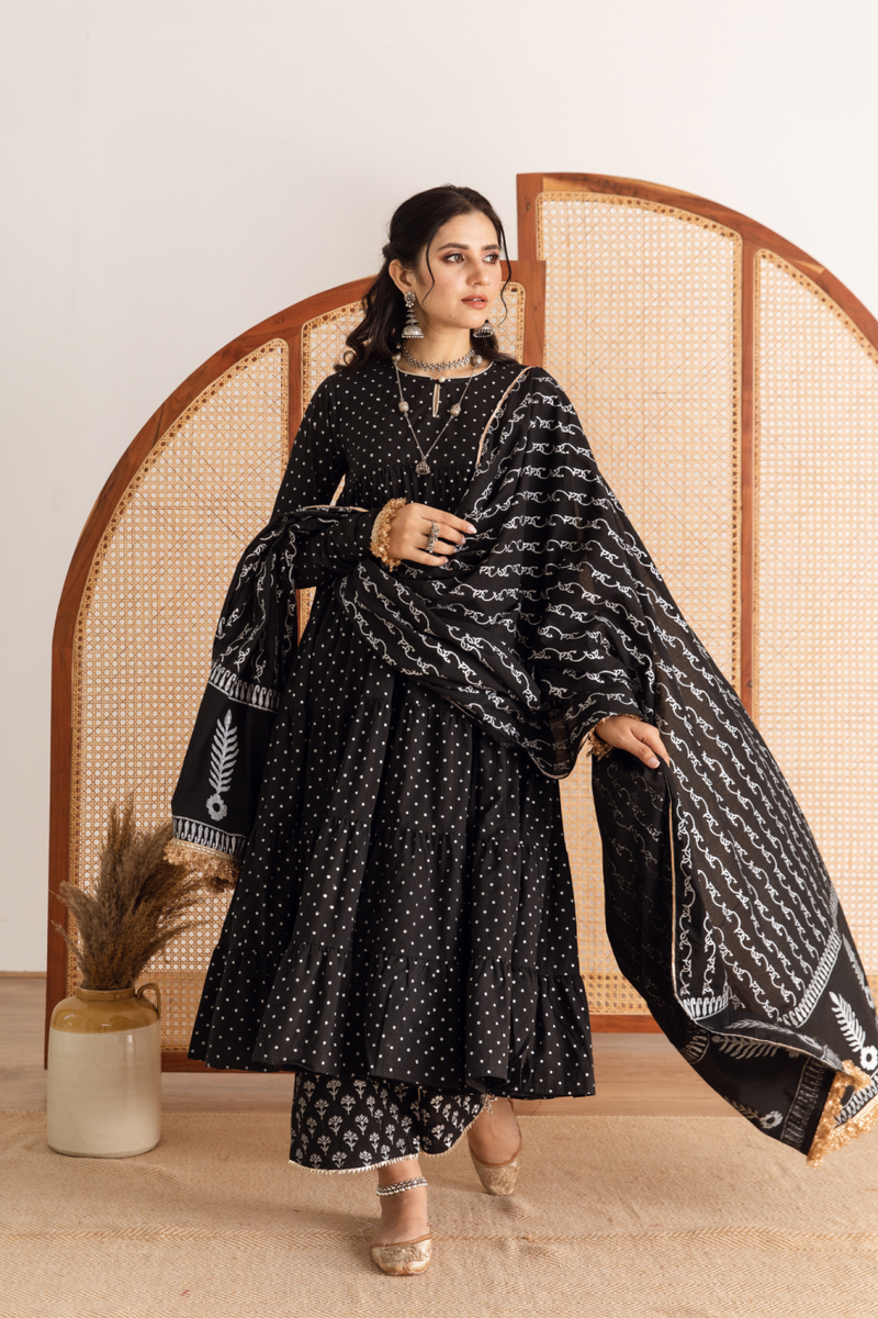 Raat Rani Set - black hand printed cotton kalidar suit set cotton by Maison Shefali in black color for women Worldwide