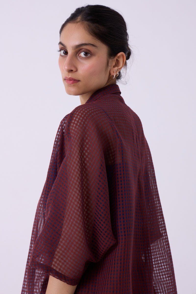 Zuri Blue Checkered HandwovenTop handwoven silk cotton top/shirt by The Summer House in blue for women Worldwide