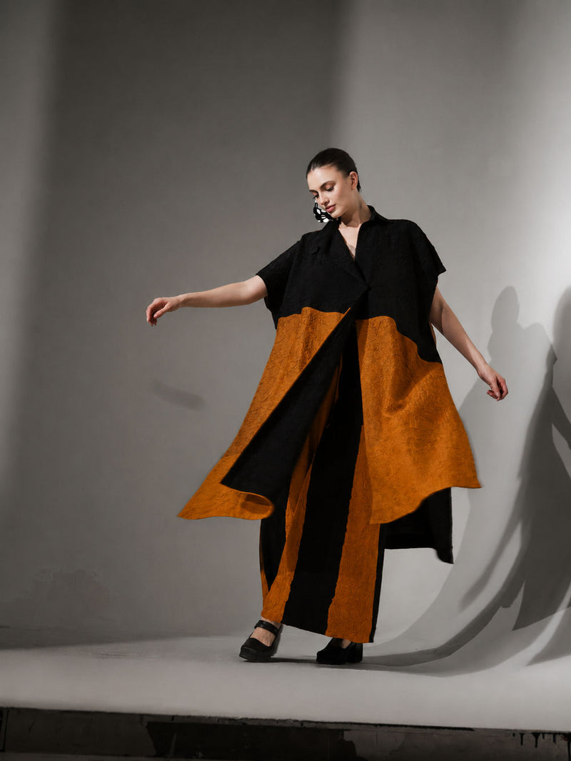 Awaken Tunic-Black + Ochre crushed silk tunics and kaftans by Stoique in black, ochre for women Worldwide