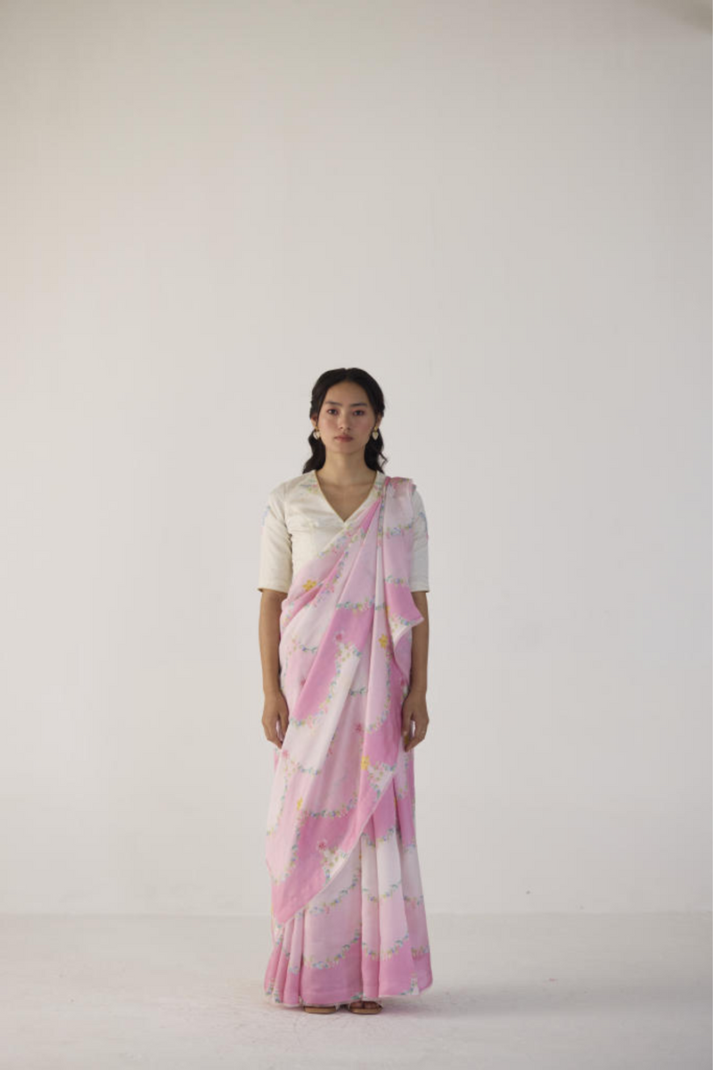 Gulmarg Mulberry Organza Silk Sari-Pink organza by Nadiya Paar in pink color for women Worldwide