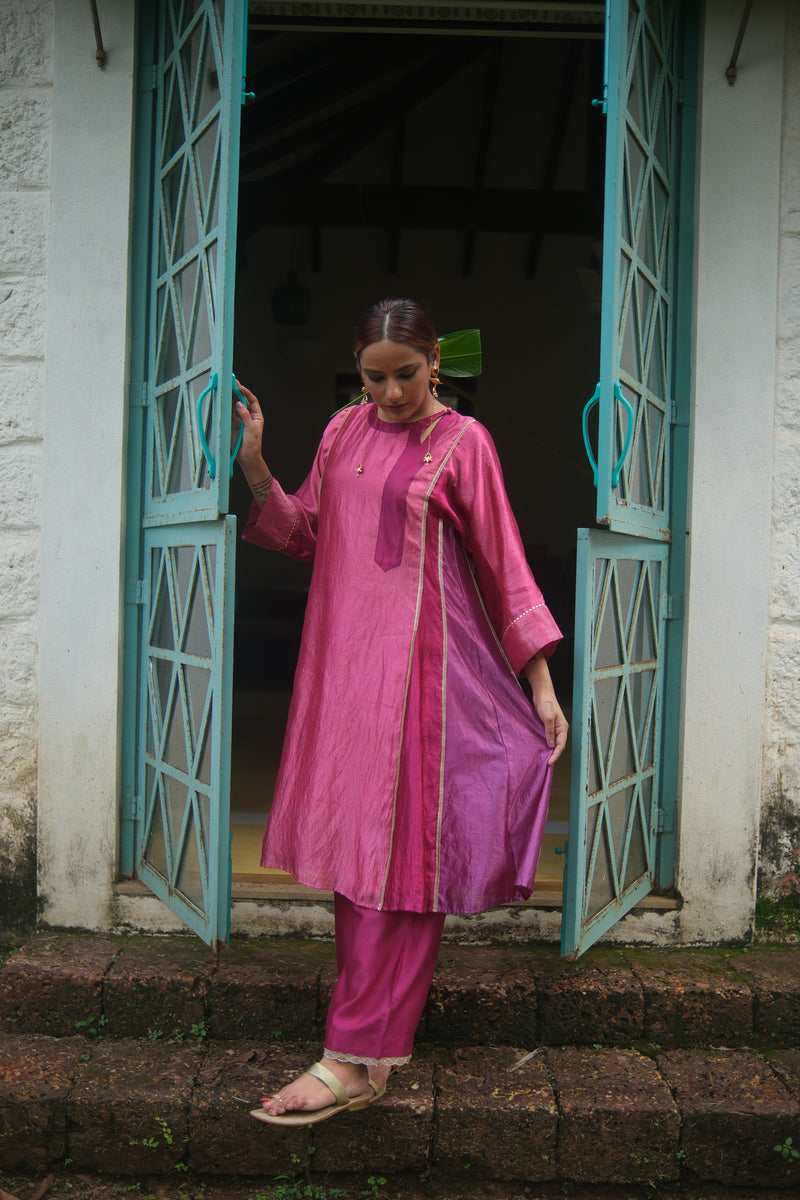 Bela Kurta Set dupion, chanderi silk kurta/kurta set by Myoho in pink for women Worldwide