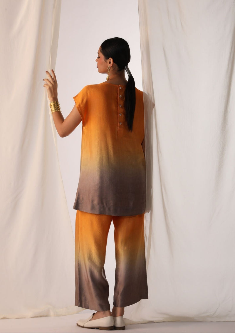 Linen satin ombre co-ord set with floral handwork satin by Myoho in orange color for women Worldwide