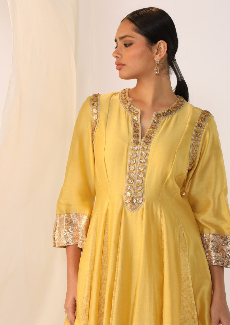 Godet kurta gota handwork with luxrious dupatta silk by Myoho in yellow color for women Worldwide