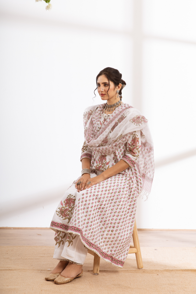 Himshweta - white hand block printed cotton kalidar set cotton by Maison Shefali in white color for women Worldwide
