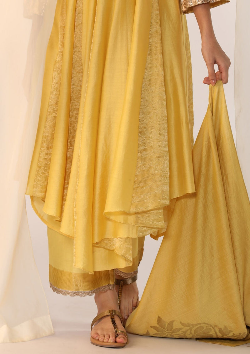 Godet kurta gota handwork with luxrious dupatta silk by Myoho in yellow color for women Worldwide