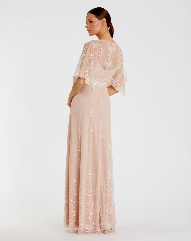 9144-Embelllished Bateau Cap Sleeve Column Gown by Mac Duggal in pink color for women Worldwide