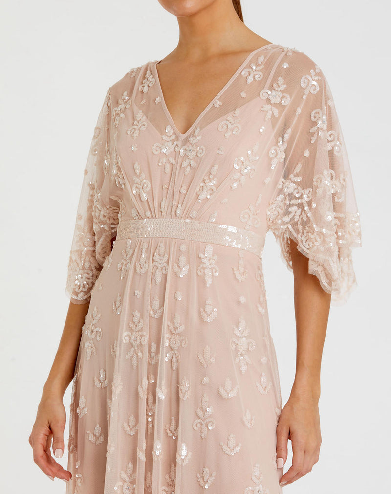 9144-Embelllished Bateau Cap Sleeve Column Gown by Mac Duggal in pink color for women Worldwide