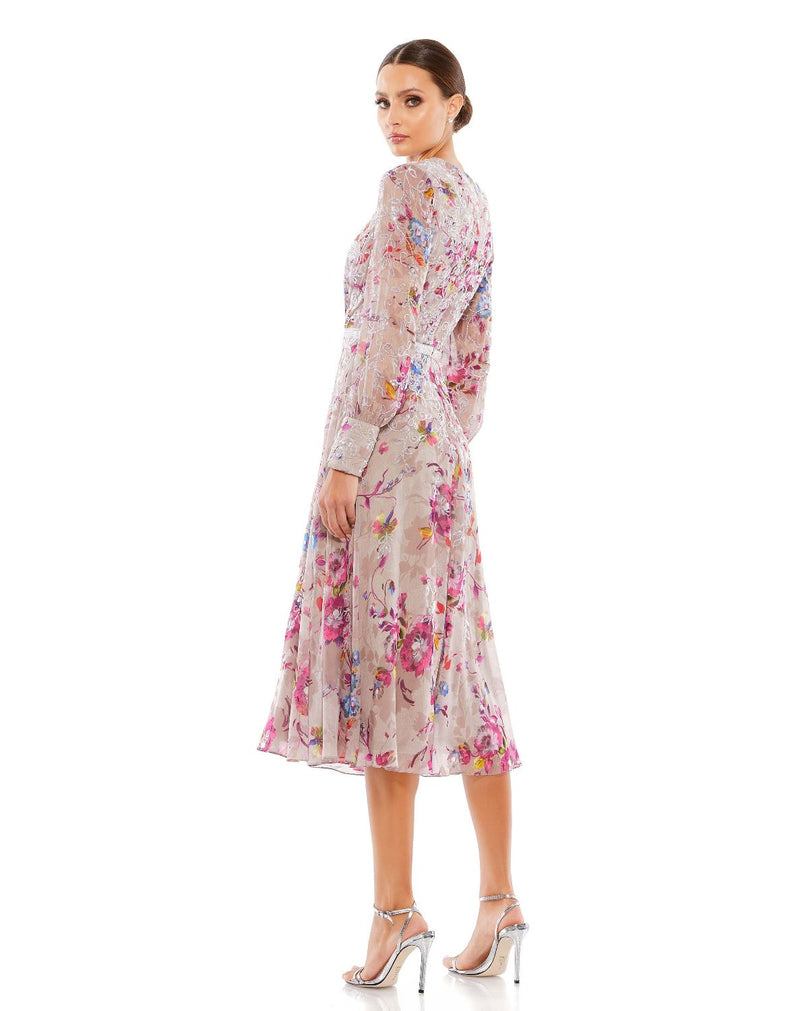 9147-Multicolor Hand Embellished Floral Long Sleeve Midi Dress mul by Mac Duggal in multi color for women Worldwide