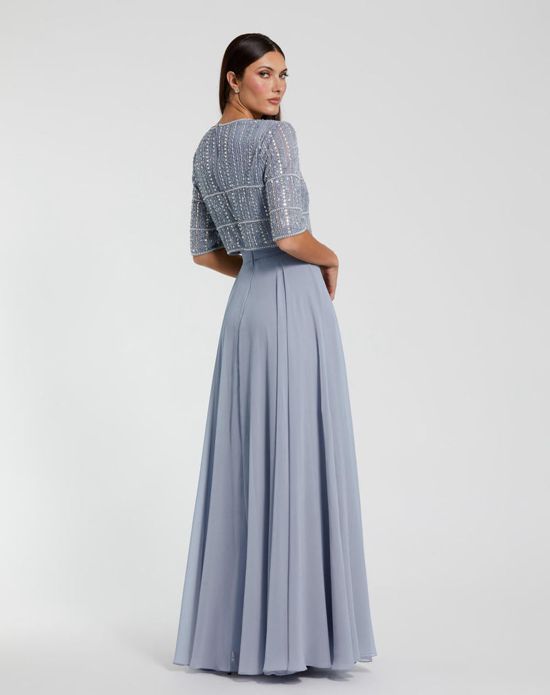 9180-Chiffon Gown w/ Fully Beaded 1/4 Sleeve Top by Mac Duggal in blue color for women Worldwide