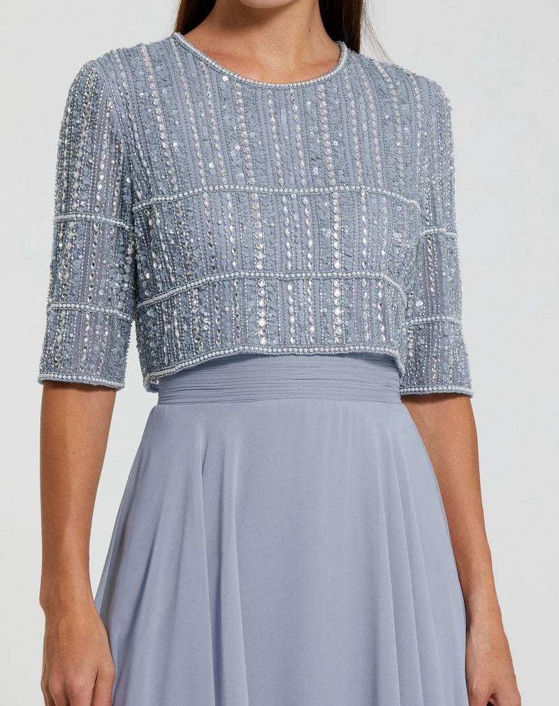 9180-Chiffon Gown w/ Fully Beaded 1/4 Sleeve Top by Mac Duggal in blue color for women Worldwide