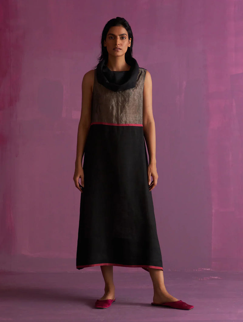 Shira Cowl Neck Dress - Black linen by Manan in black color for women Worldwide