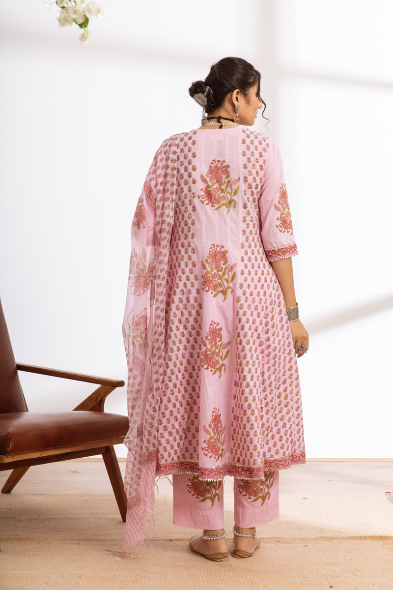 Rasika Gulabi Kalidar Set - pink hand block printed cotton kalidar set cotton by Maison Shefali in pink color for women Worldwide