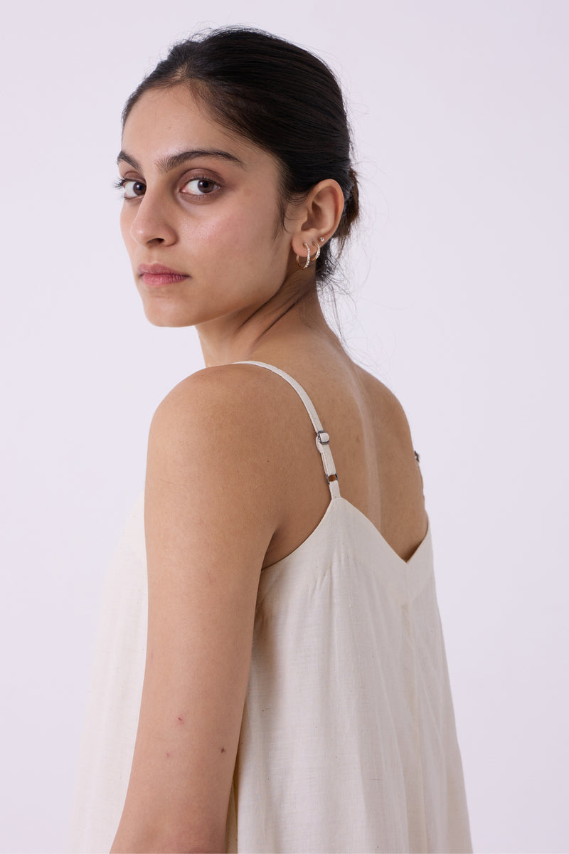 Jane Ecru Colourblocked Handwoven Dress handwoven cotton dress by The Summer House in off white for women Worldwide