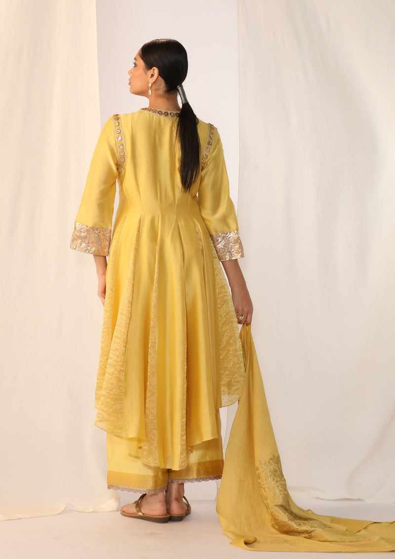 Godet kurta gota handwork with luxrious dupatta silk by Myoho in yellow color for women Worldwide