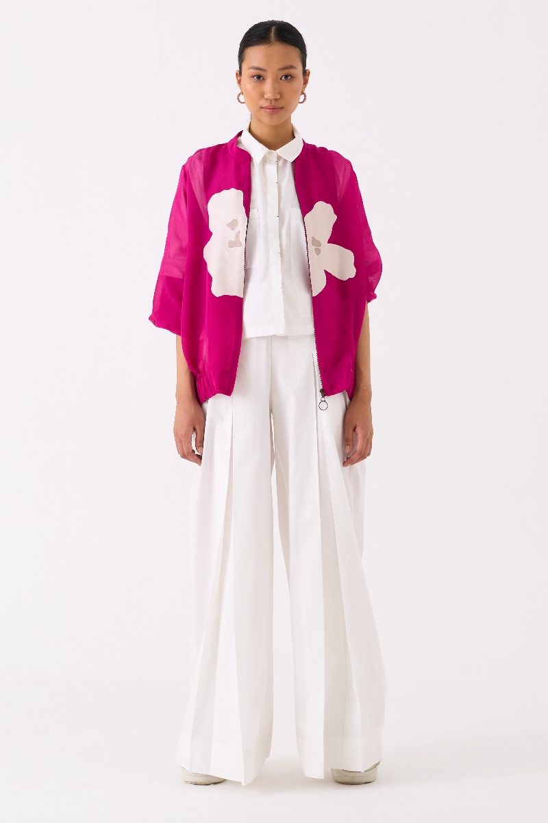 FLORAL APPLIQUE BOMBER JACKET-FUSCHIA organza by THREE for women Worldwide