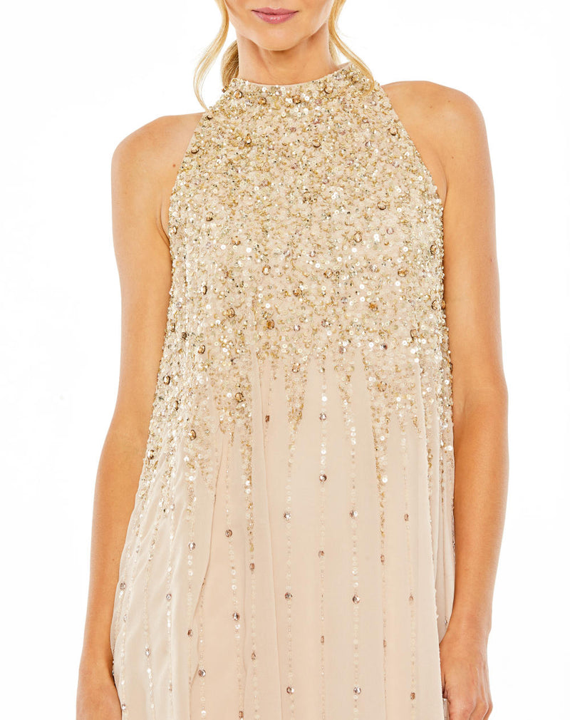 9225-High Neck Sleeveless Beaded Mesh Mini Dress by Mac Duggal in beige color for women Worldwide