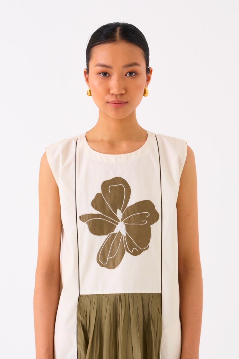 FLORAL PANELLED DRESS-IVORY/OLIVE poplin by THREE in olive color for women Worldwide