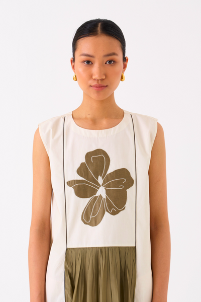 FLORAL PANELLED DRESS-IVORY/OLIVE