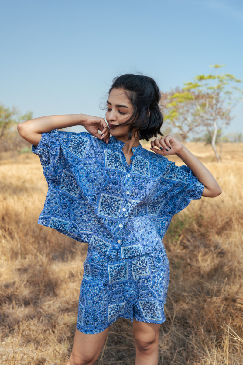 Jodhpur Co-Ord Set - Handblock Printed Cotton Co- Ord Set cotton by Marche in blue color for women Worldwide
