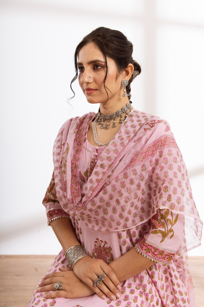 Rasika Gulabi Kalidar Set - pink hand block printed cotton kalidar set cotton by Maison Shefali in pink color for women Worldwide