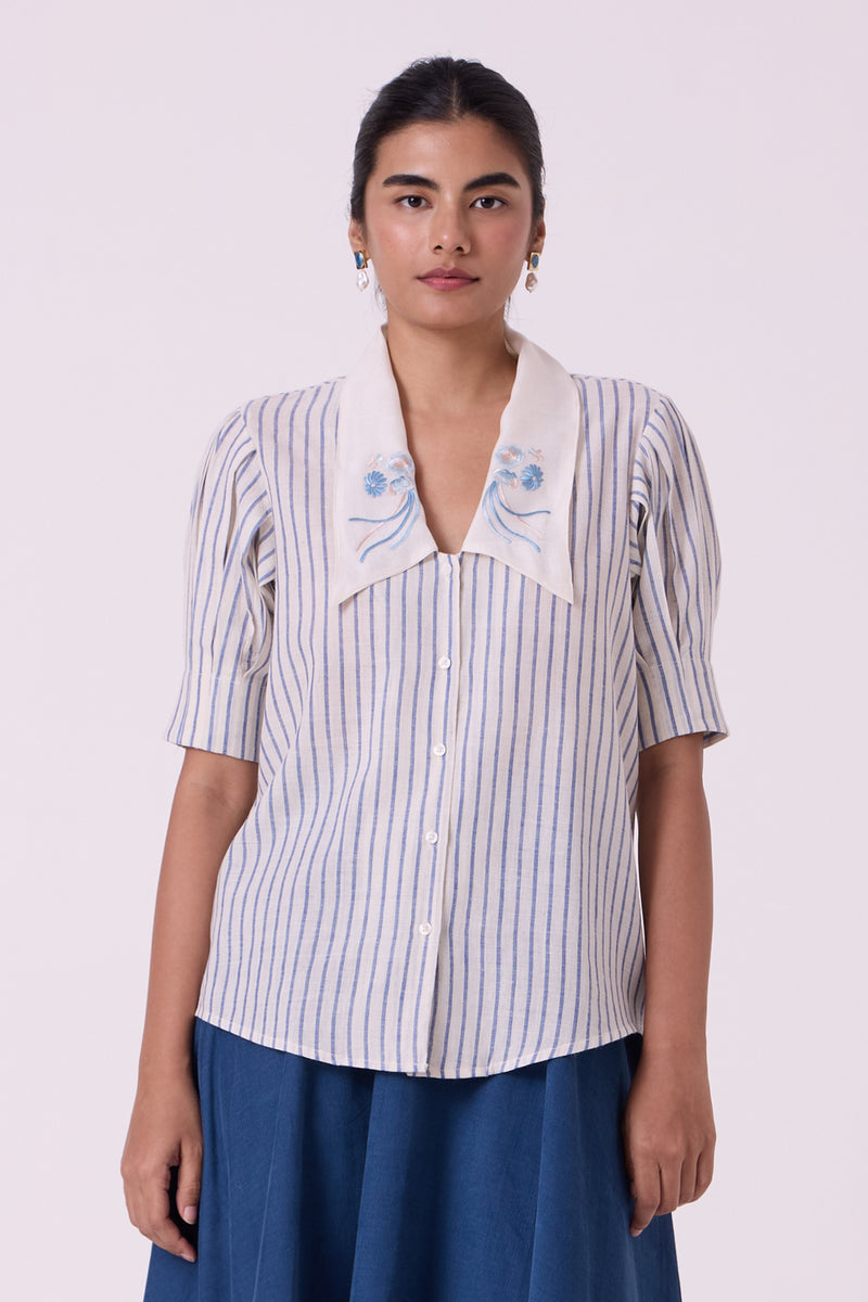 Kumo Striped Embroidered Handwoven Top handwoven cotton top/shirt by The Summer House in off white for women Worldwide