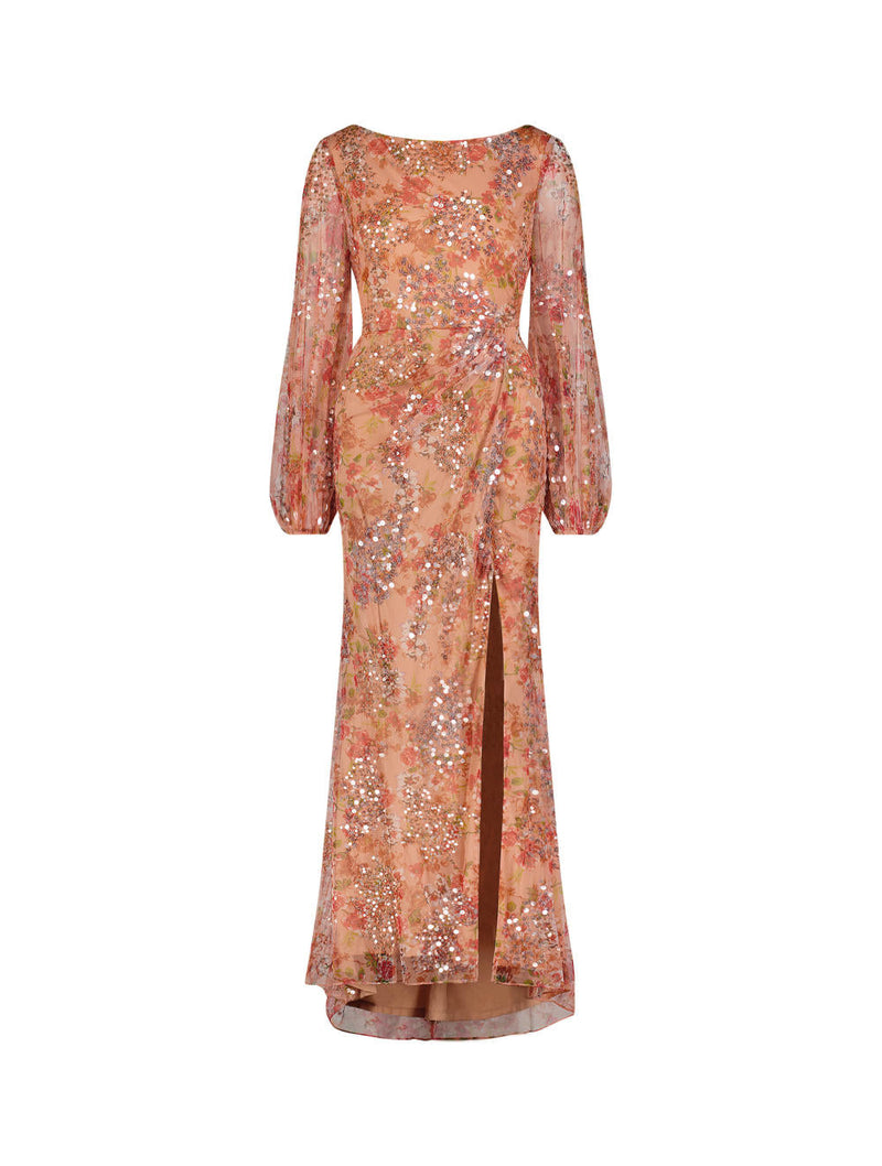 93547-Floral Print Sequined Puff Sleeve Gown by Mac Duggal for women Worldwide