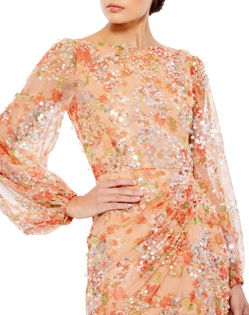 93547-Floral Print Sequined Puff Sleeve Gown by Mac Duggal for women Worldwide
