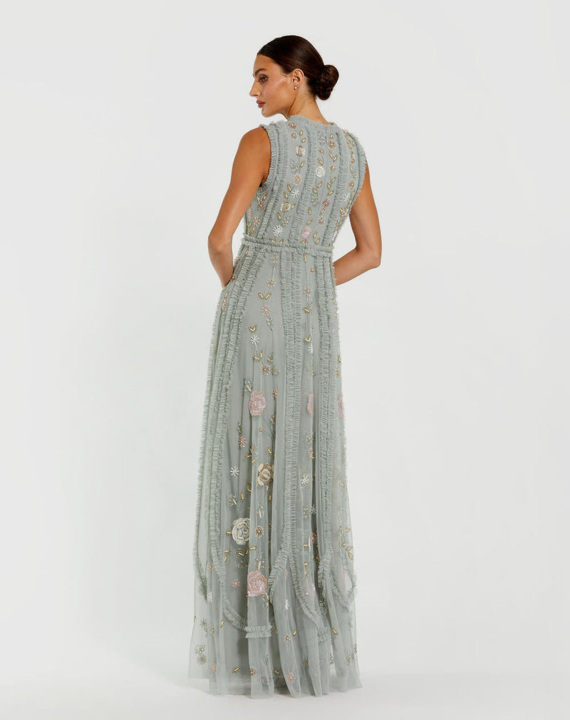 9360-Floral Mesh Sleeveless A Line Micro Ruffle Gown by Mac Duggal in green color for women Worldwide