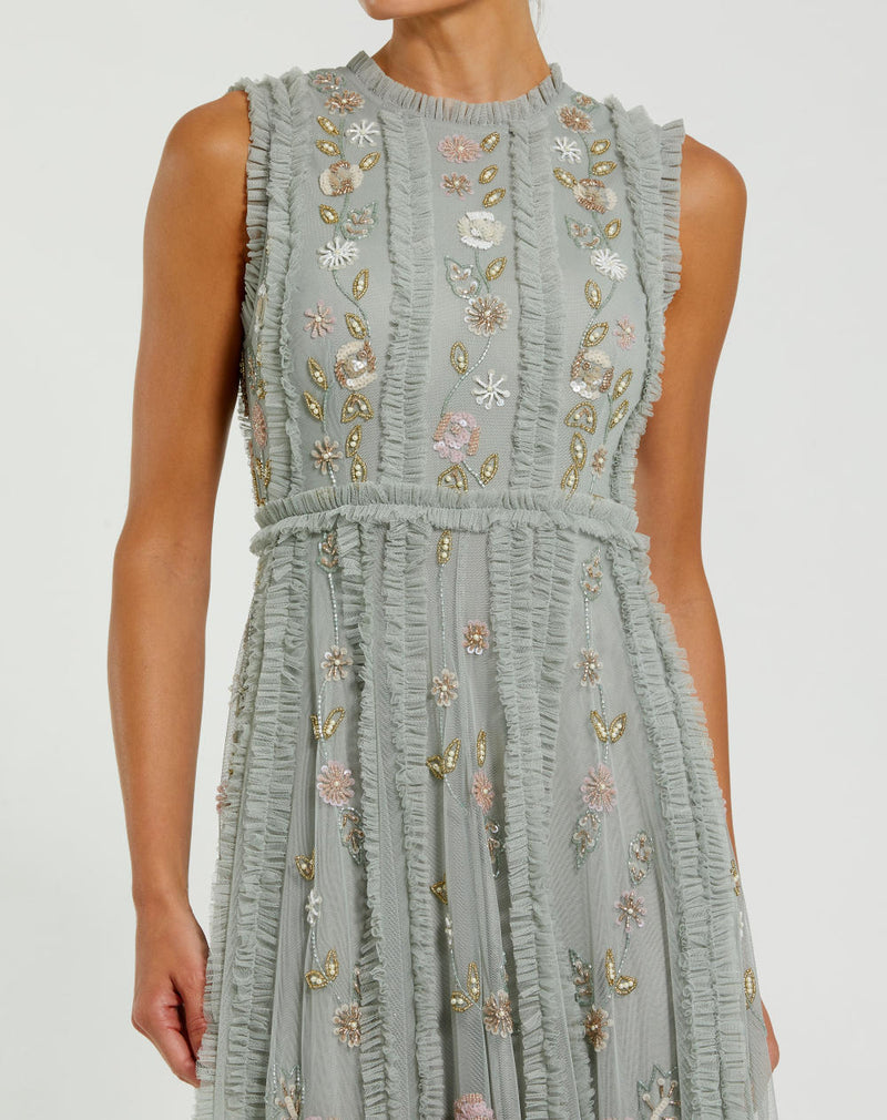 9360-Floral Mesh Sleeveless A Line Micro Ruffle Gown by Mac Duggal in green color for women Worldwide