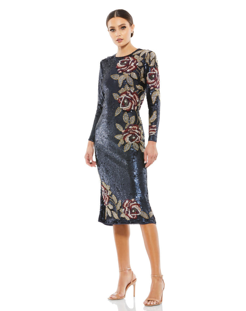 93624-Sequined Asymmetrical Floral Long Sleeve Midi Dress by Mac Duggal for women Worldwide