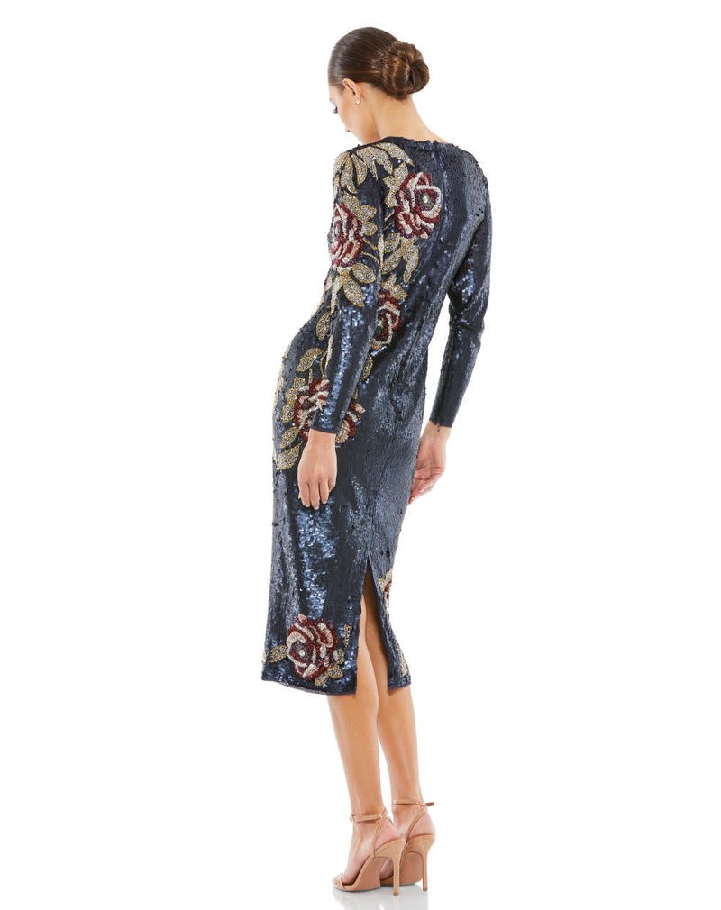93624-Sequined Asymmetrical Floral Long Sleeve Midi Dress by Mac Duggal for women Worldwide
