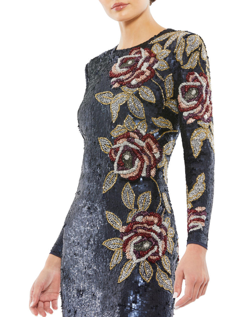 93624-Sequined Asymmetrical Floral Long Sleeve Midi Dress by Mac Duggal for women Worldwide