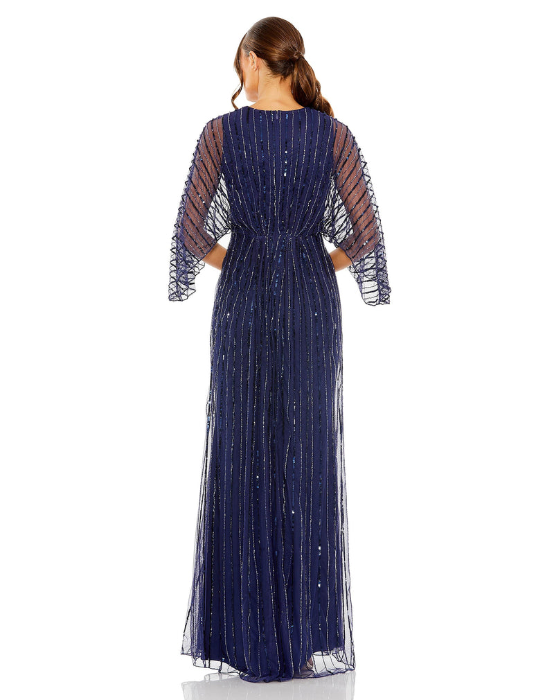 93841-Beaded Striping Kimono Sleeve V Neck Gown by Mac Duggal in navy color for women Worldwide