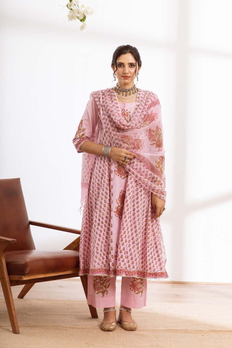 Rasika Gulabi Kalidar Set - pink hand block printed cotton kalidar set cotton by Maison Shefali in pink color for women Worldwide