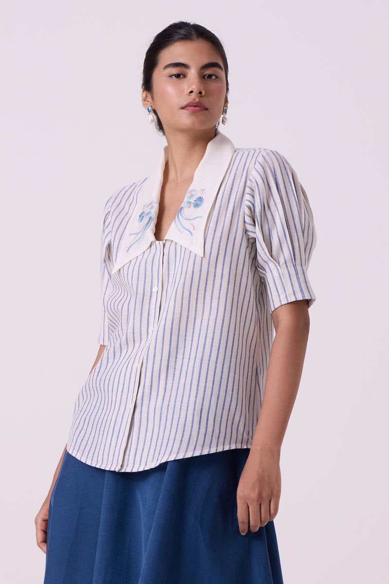 Kumo Striped Embroidered Handwoven Top handwoven cotton top/shirt by The Summer House in off white for women Worldwide