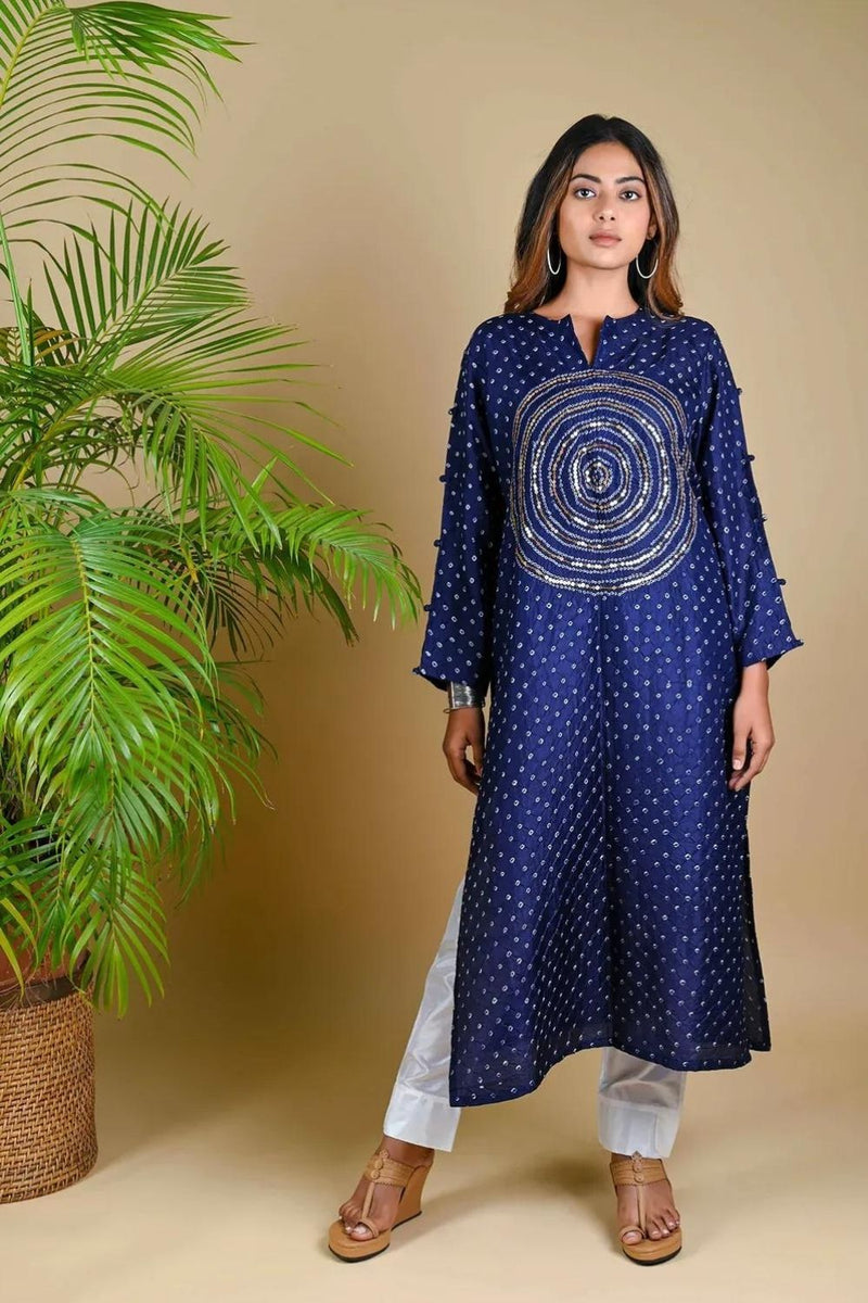 CIRCLE SEQUENCE KURTA-INDIGO BLUE silk by Dyelogue in blue color for women Worldwide