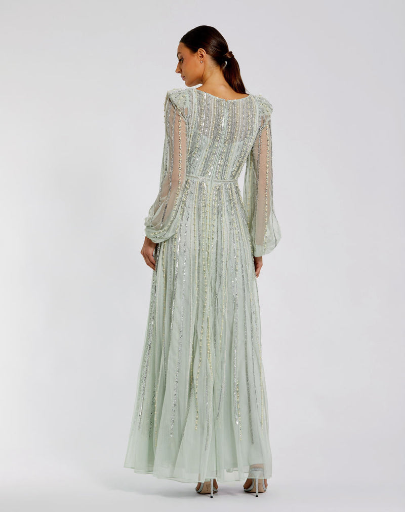 94081-Boat Neck Long Sleeve Gown With Striped Beading by Mac Duggal in green color for women Worldwide
