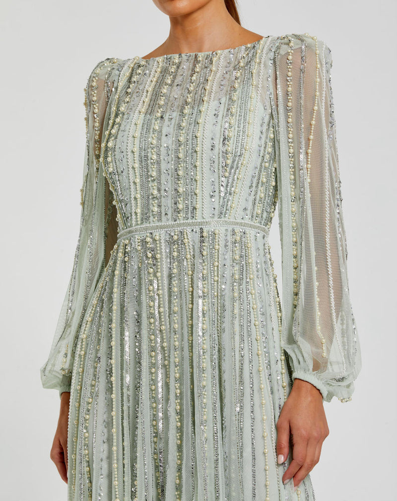 94081-Boat Neck Long Sleeve Gown With Striped Beading by Mac Duggal in green color for women Worldwide