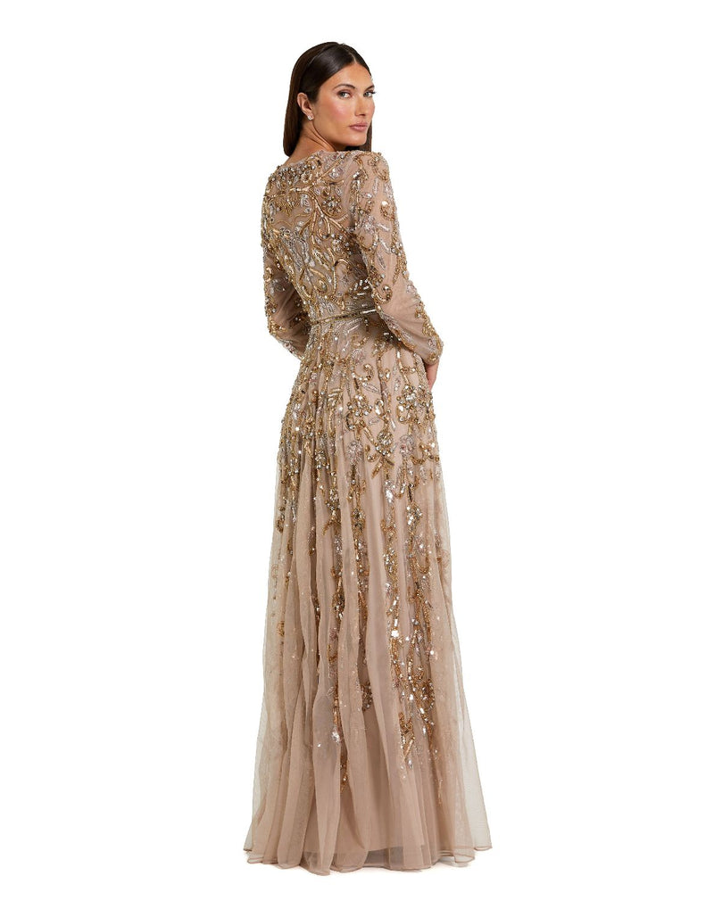 94213-Beige Long Sleeve Hand Embellished Gown by Mac Duggal in gold color for women Worldwide
