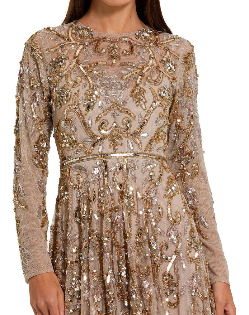 94213-Beige Long Sleeve Hand Embellished Gown by Mac Duggal in gold color for women Worldwide