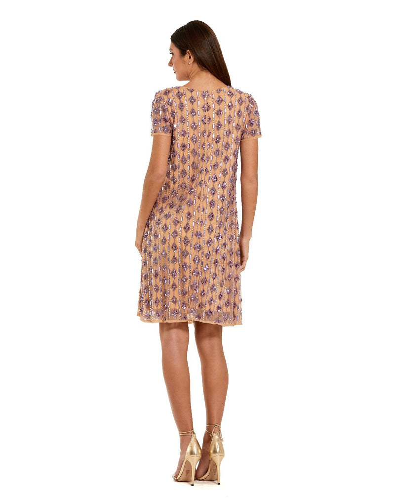 94292 - Beige and Purple Short Beaded Shift Dress by Mac Duggal in beige color for women Worldwide