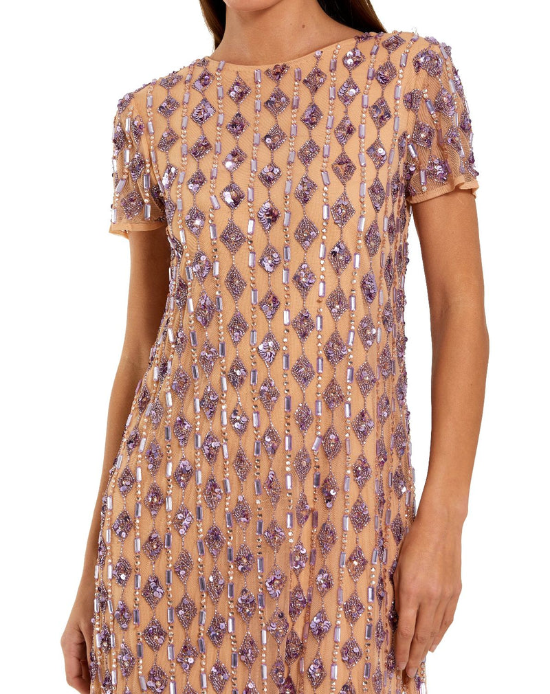 94292 - Beige and Purple Short Beaded Shift Dress by Mac Duggal in beige color for women Worldwide
