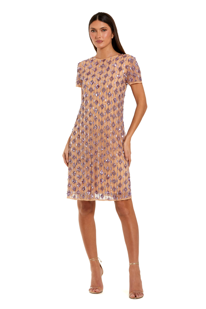 94292 - Beige and Purple Short Beaded Shift Dress by Mac Duggal in beige color for women Worldwide