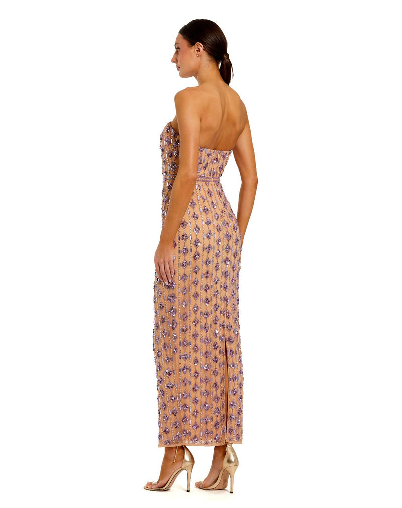 94293 - Beige and Purple Beaded Strapless Column Dress by Mac Duggal in beige color for women Worldwide