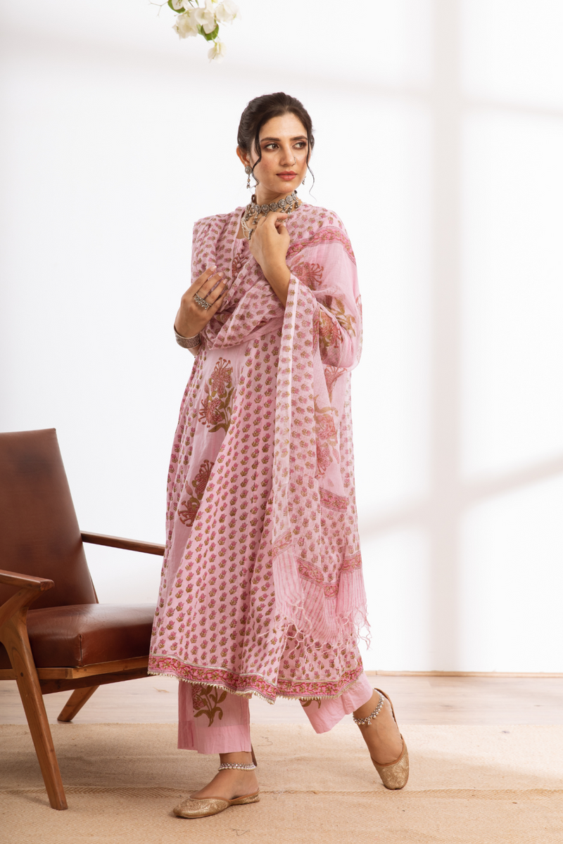 Rasika Gulabi Kalidar Set - pink hand block printed cotton kalidar set cotton by Maison Shefali in pink color for women Worldwide