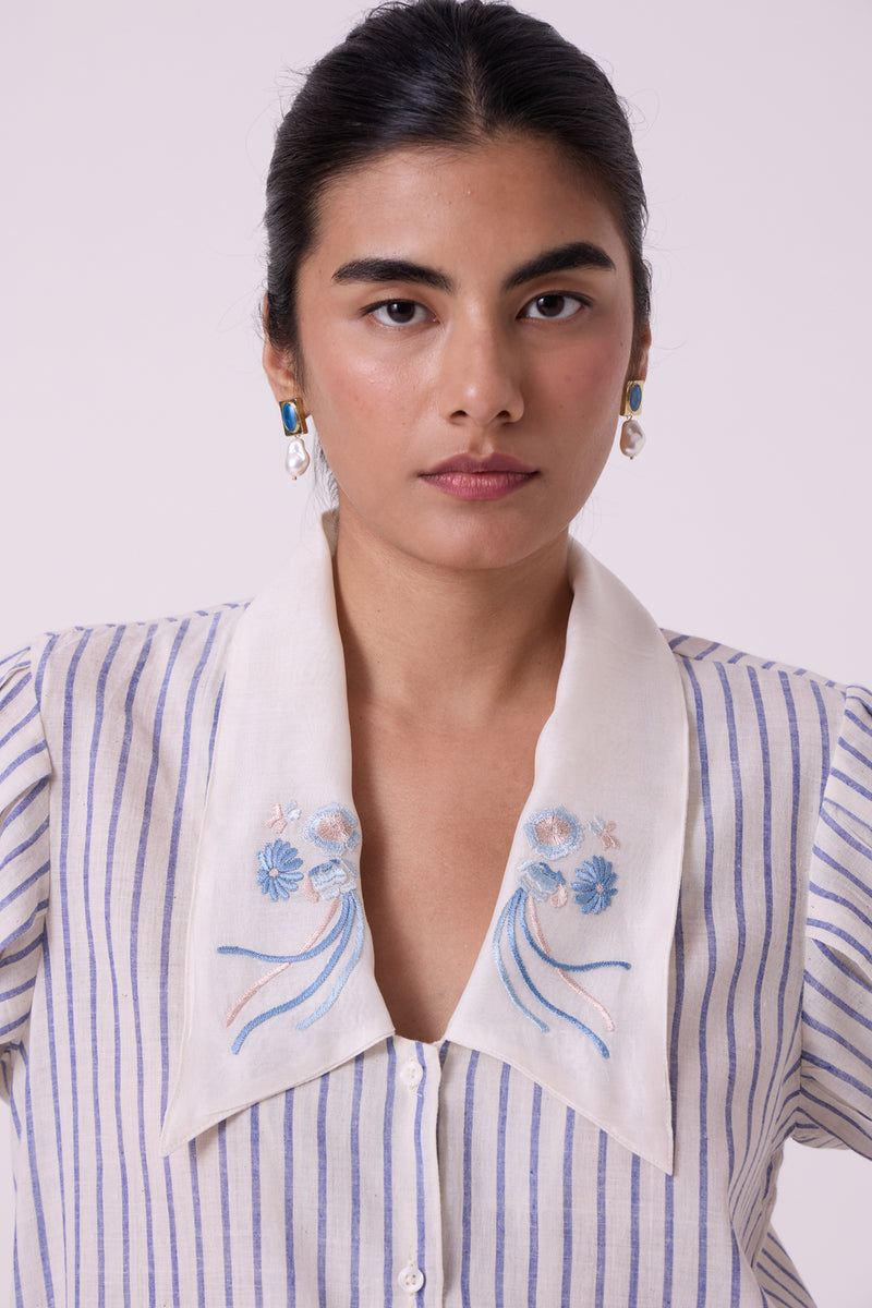 Kumo Striped Embroidered Handwoven Top handwoven cotton top/shirt by The Summer House in off white for women Worldwide
