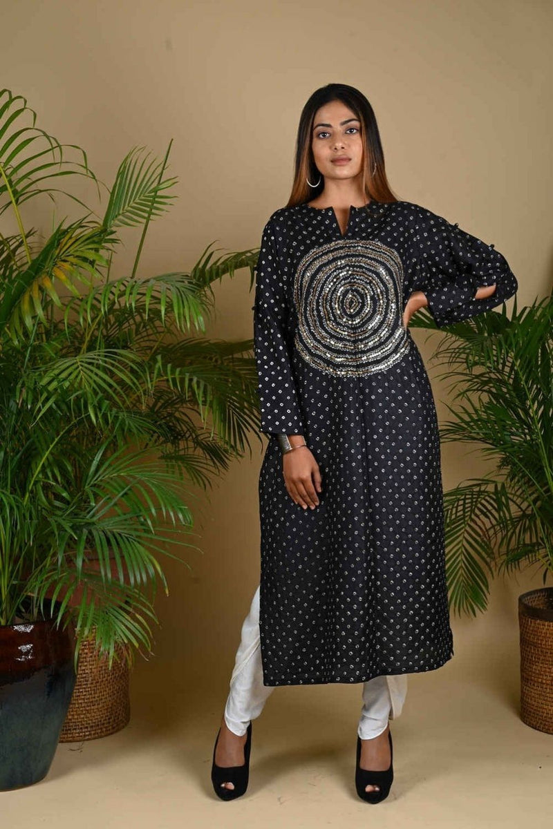 CIRCLE SEQUENCE KURTA-BLACK silk by Dyelogue in black color for women Worldwide