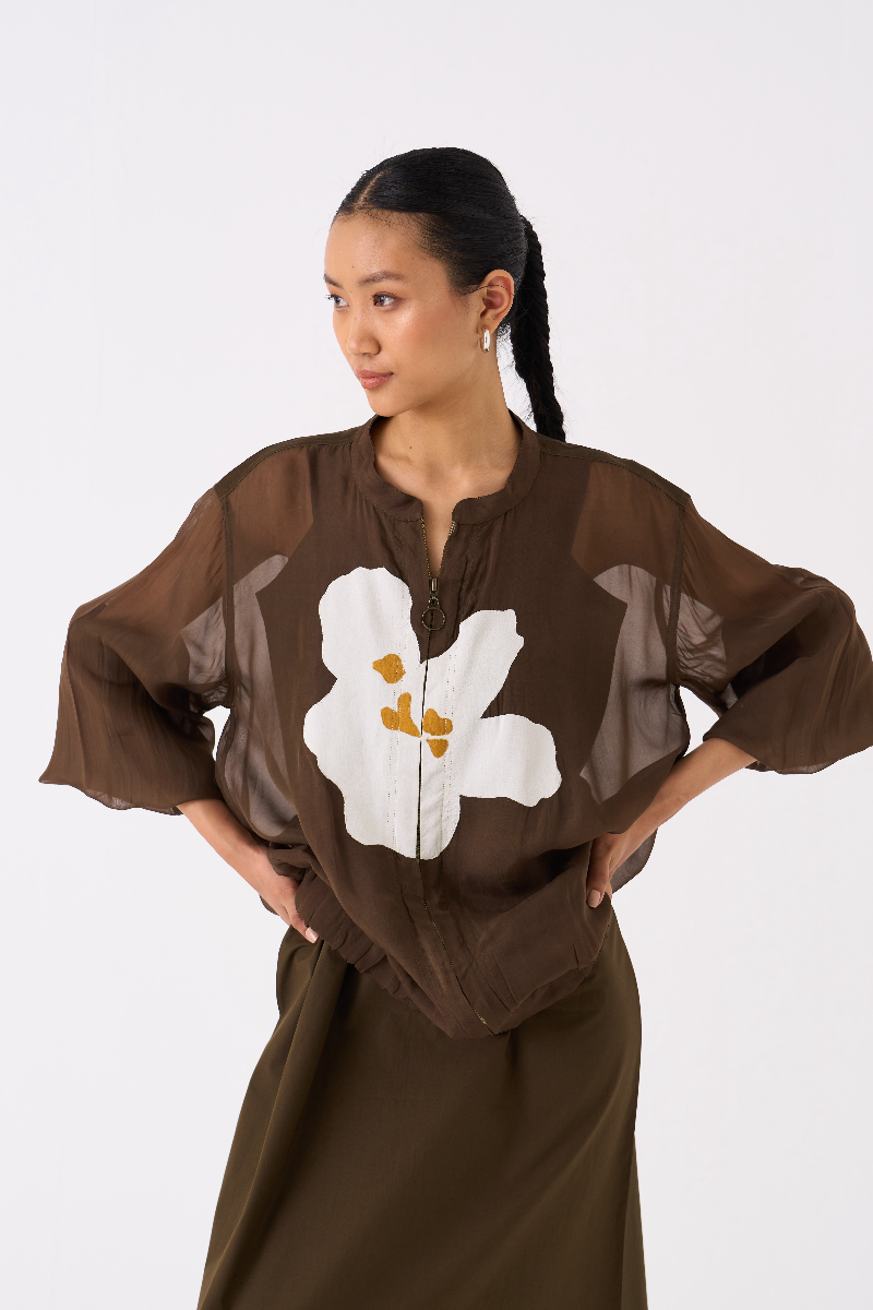 FLORAL APPLIQUE BOMBER JACKET-DARK OLIVE organza by THREE in olive color for women Worldwide